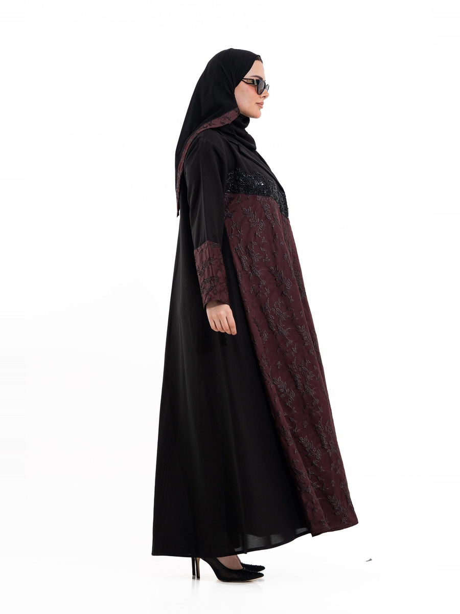 Burgundy Embroidered Open Front Abaya