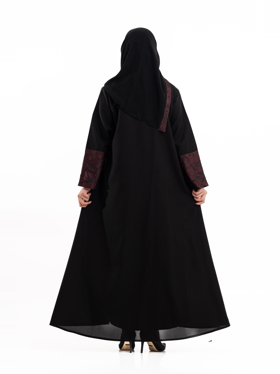 Burgundy Embroidered Open Front Abaya