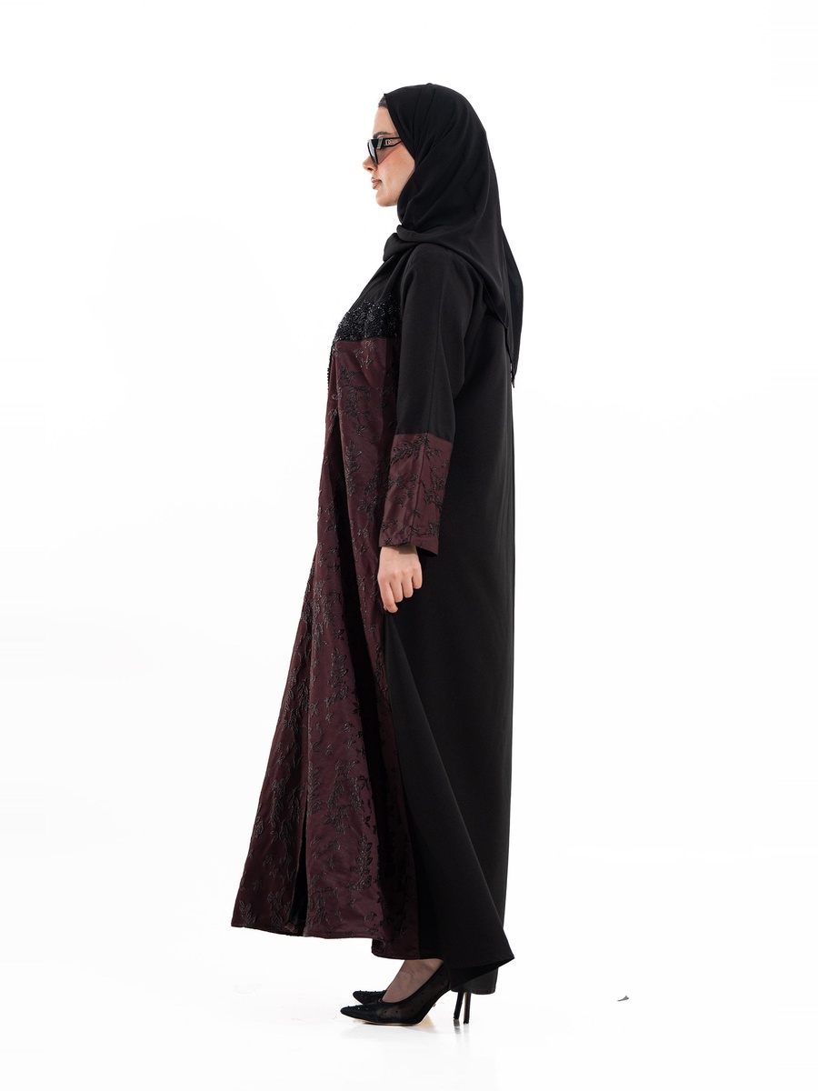 Burgundy Embroidered Open Front Abaya