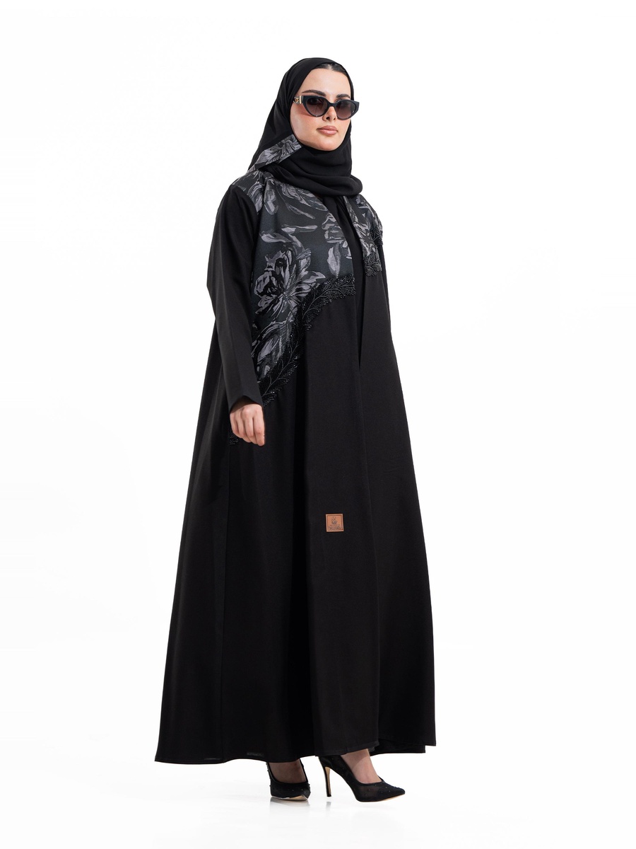 Black Moon Floral Print Abaya with Embellished Detail