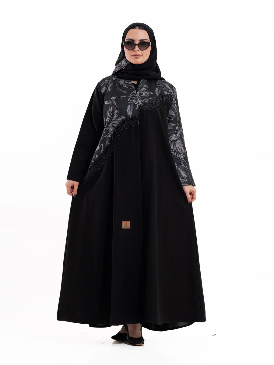 Black Moon Floral Print Abaya with Embellished Detail