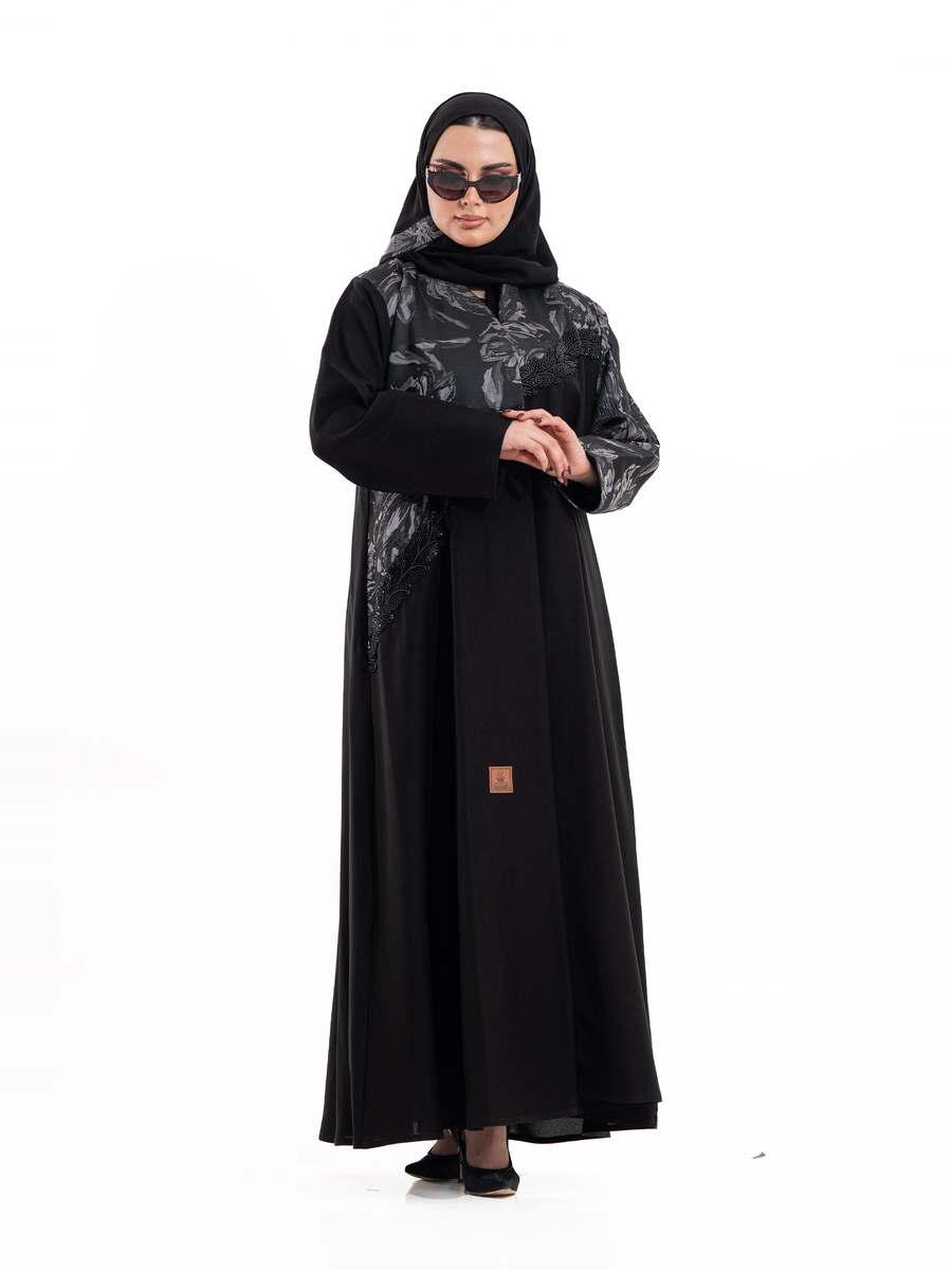 Black Moon Floral Print Abaya with Embellished Detail