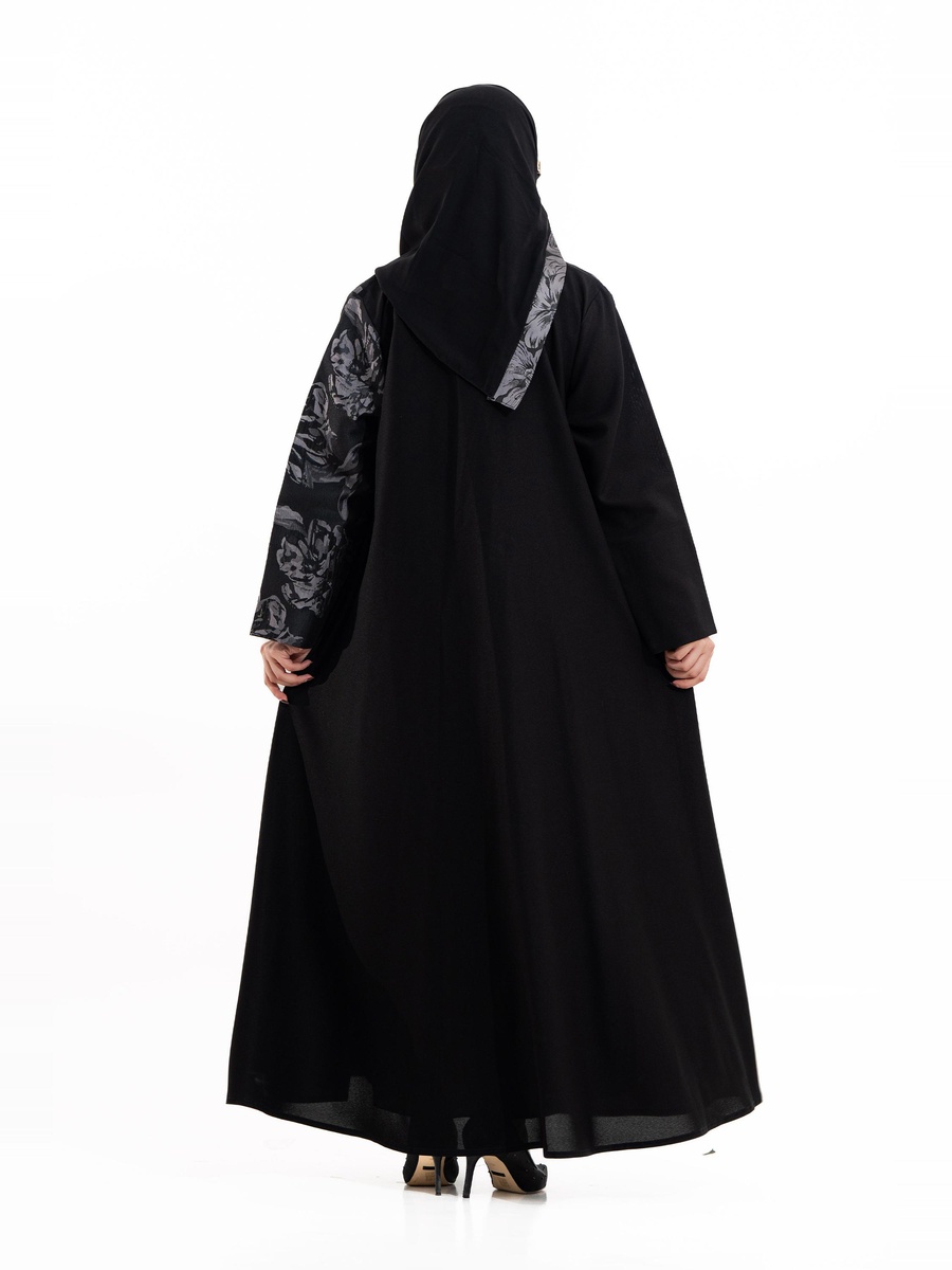 Black Moon Floral Print Abaya with Embellished Detail