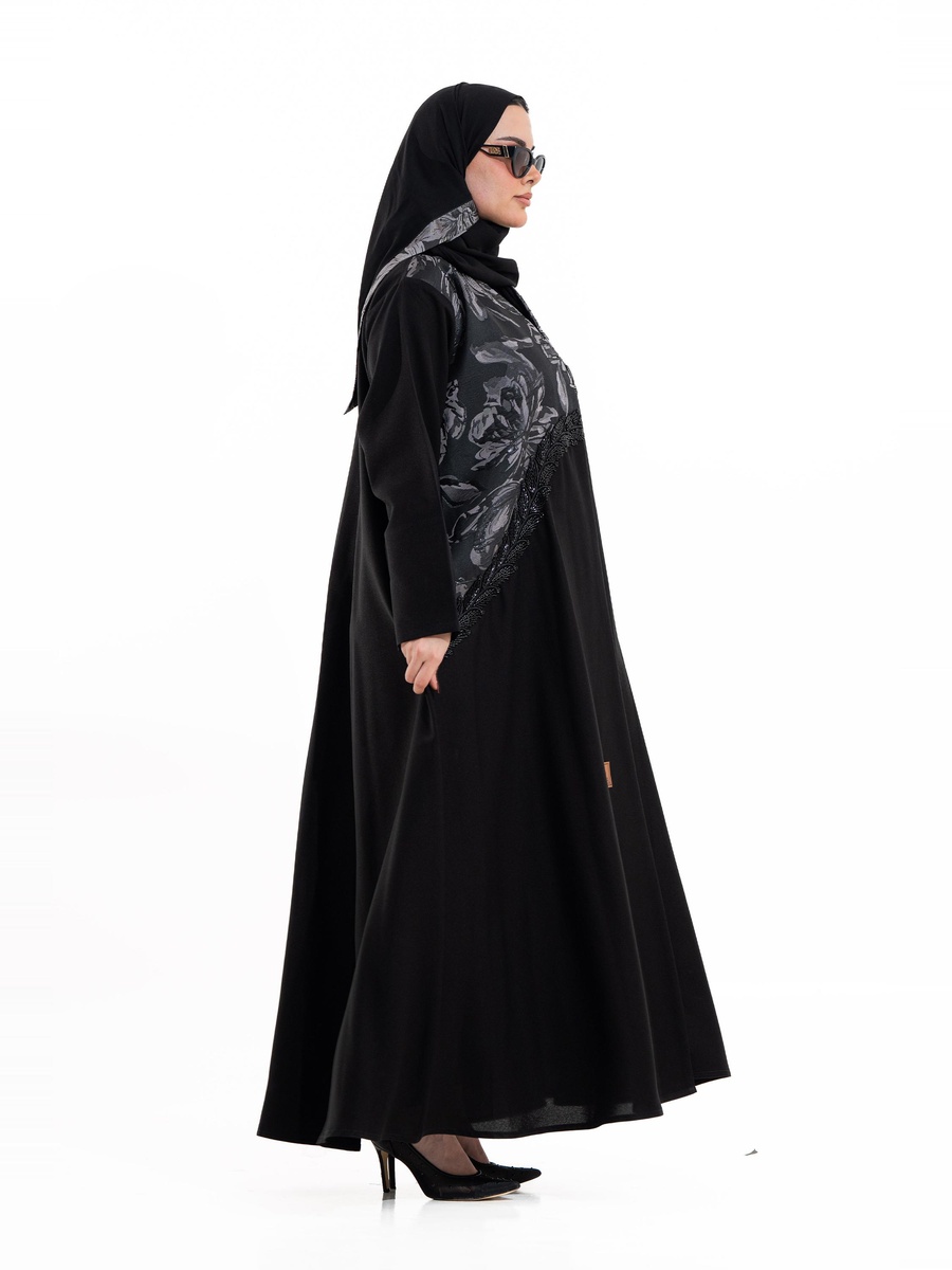 Black Moon Floral Print Abaya with Embellished Detail