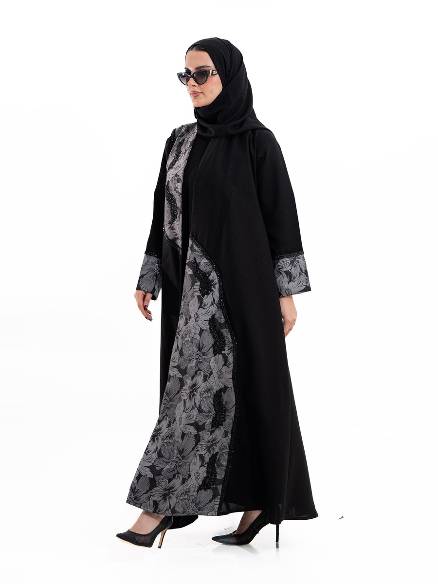 Black Musk Crystal Floral Print Abaya with Embellished Detail