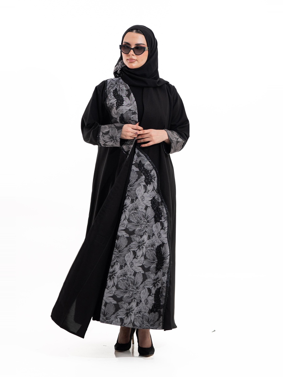 Black Musk Crystal Floral Print Abaya with Embellished Detail