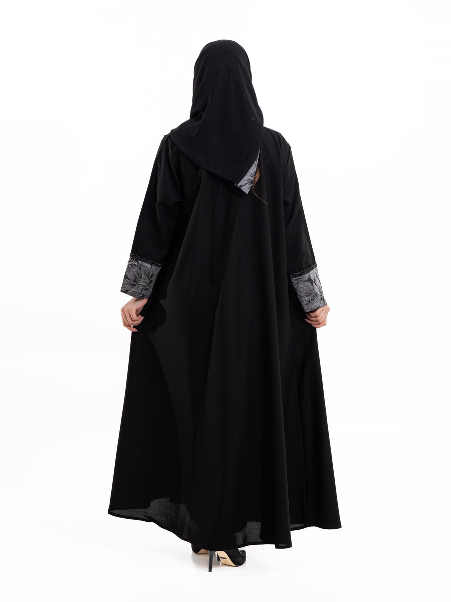 Black Musk Crystal Floral Print Abaya with Embellished Detail