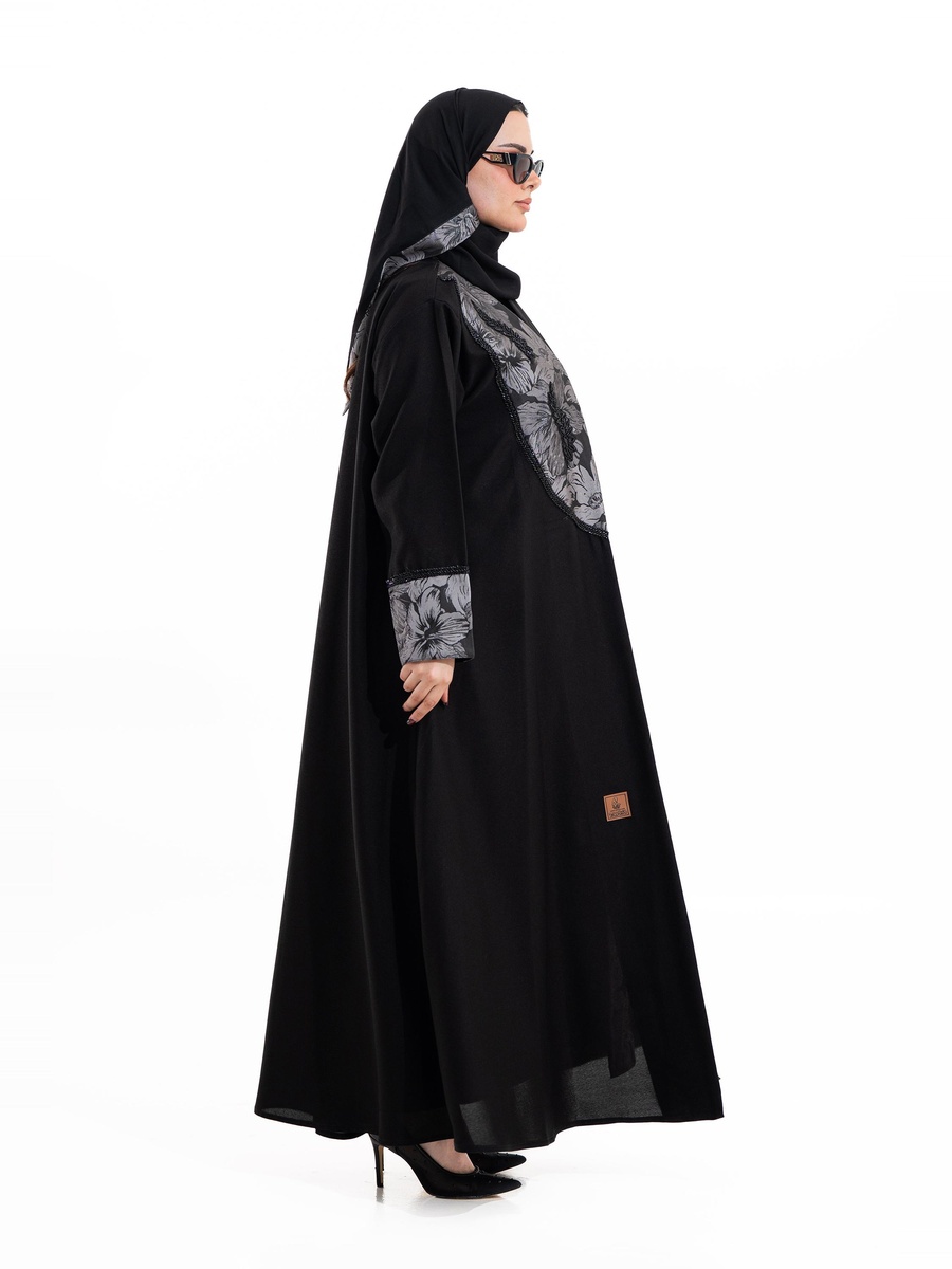 Black Musk Crystal Floral Print Abaya with Embellished Detail