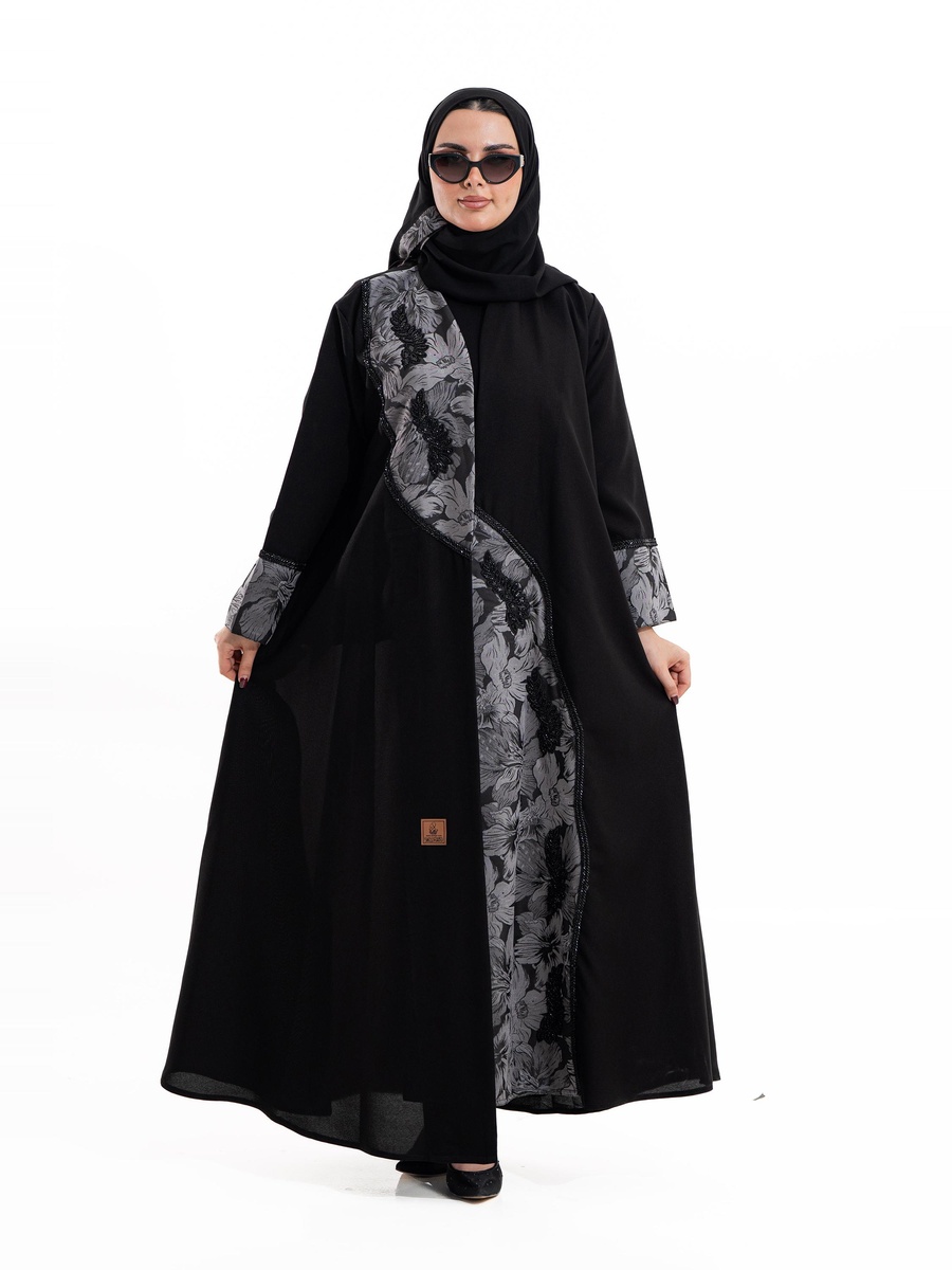 Black Musk Crystal Floral Print Abaya with Embellished Detail