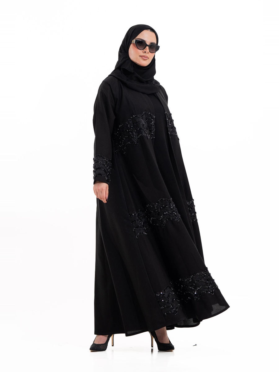 Black Embellished A-Line Abaya