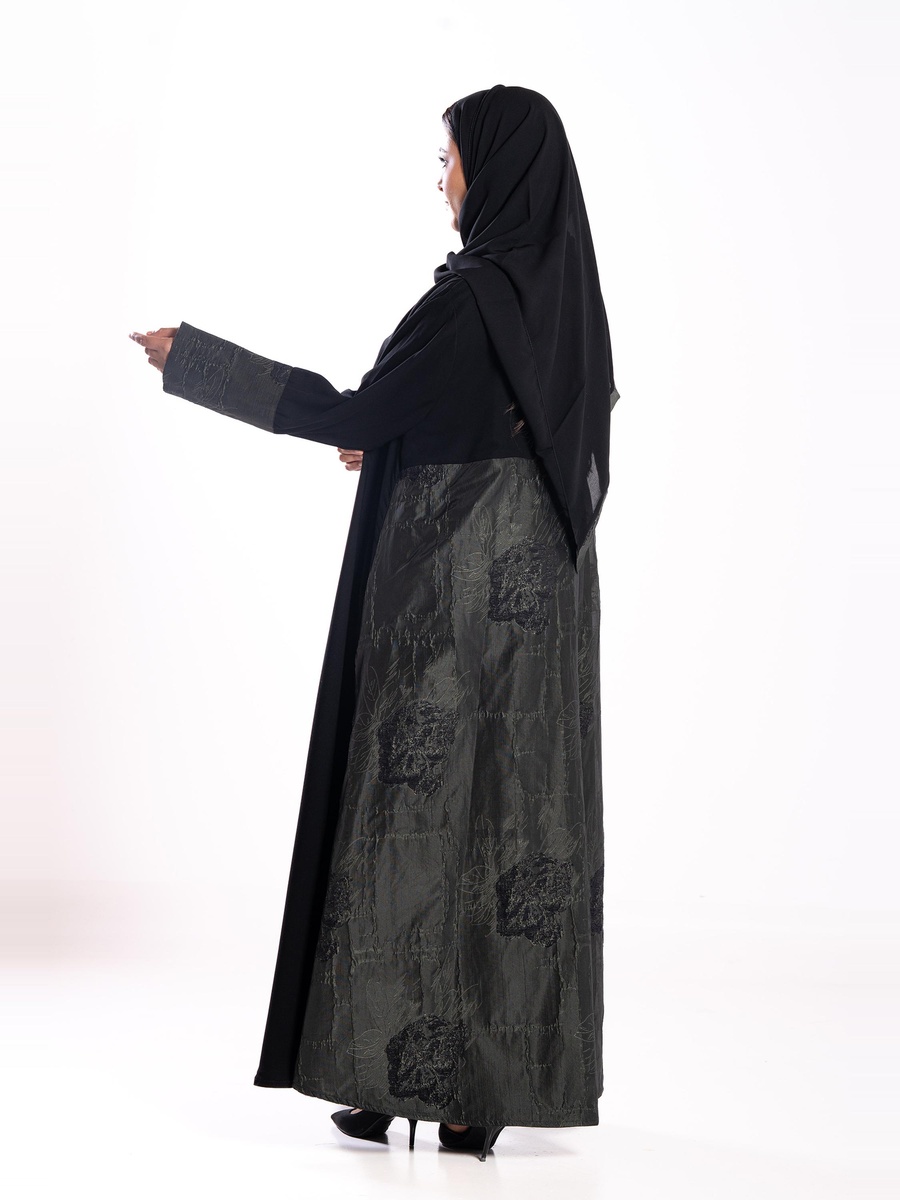 Black Contrast Jacquard Detail A-Line Abaya