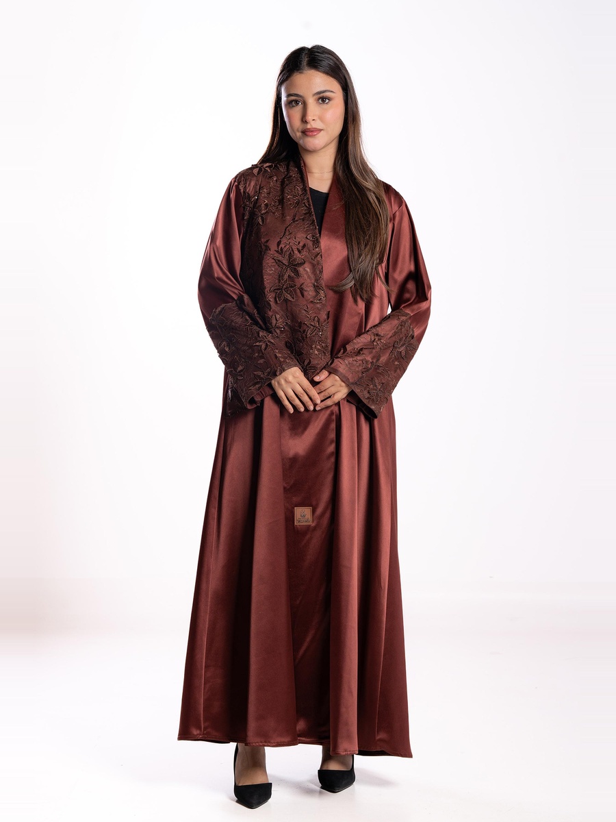 Burgundy Embroidered A-Line Abaya