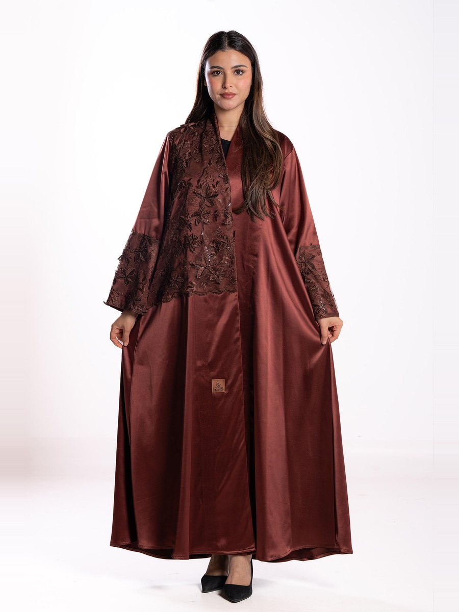 Burgundy Embroidered A-Line Abaya