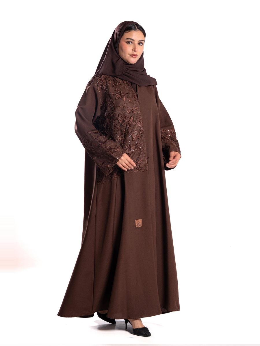 Brown Embroidered A-Line Abaya