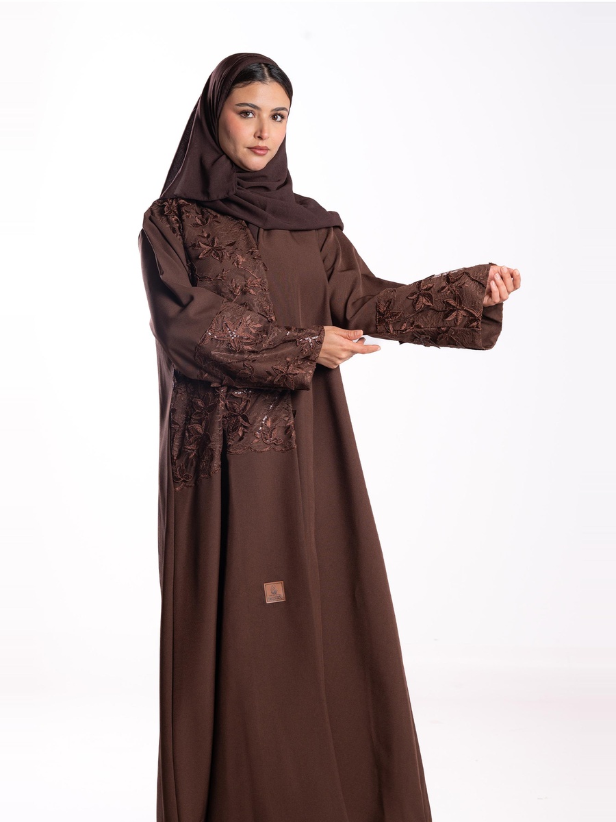 Brown Embroidered A-Line Abaya