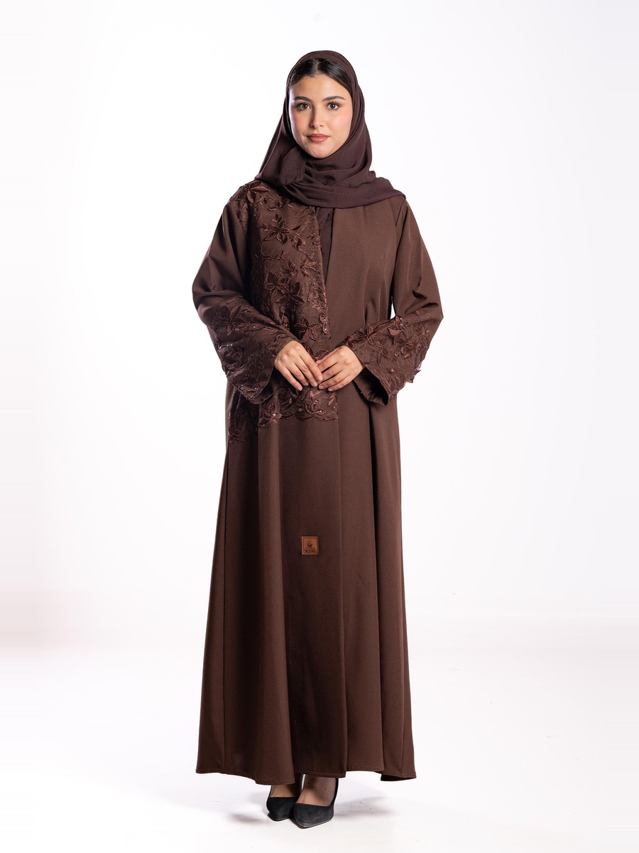 Brown Embroidered A-Line Abaya