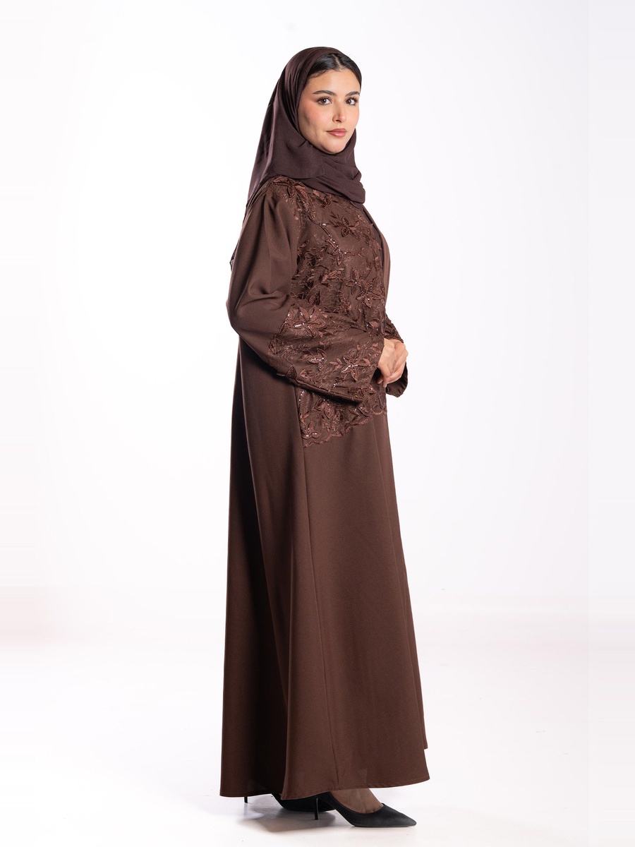 Brown Embroidered A-Line Abaya