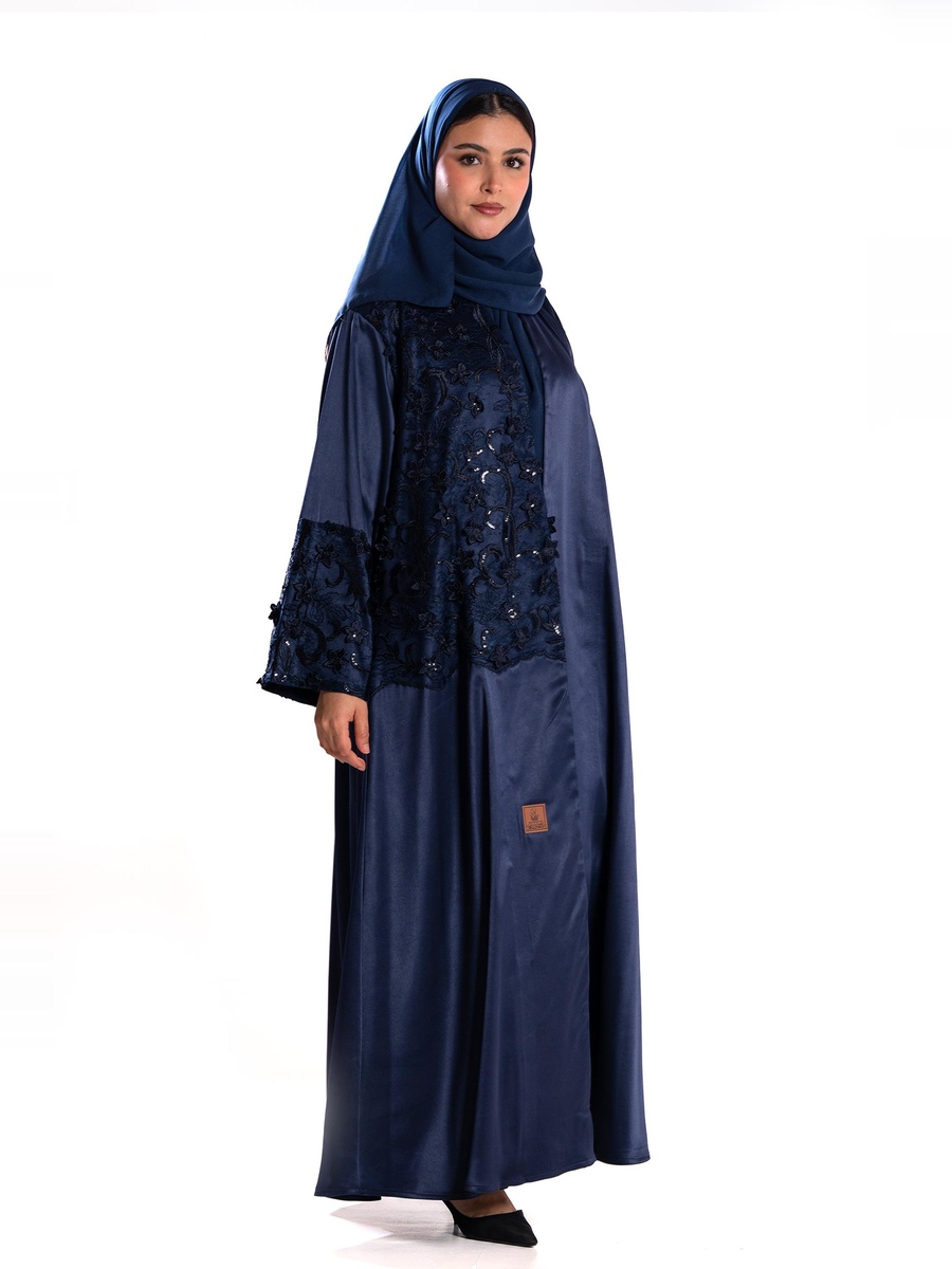 Navy Blue Embroidered A-Line Abaya