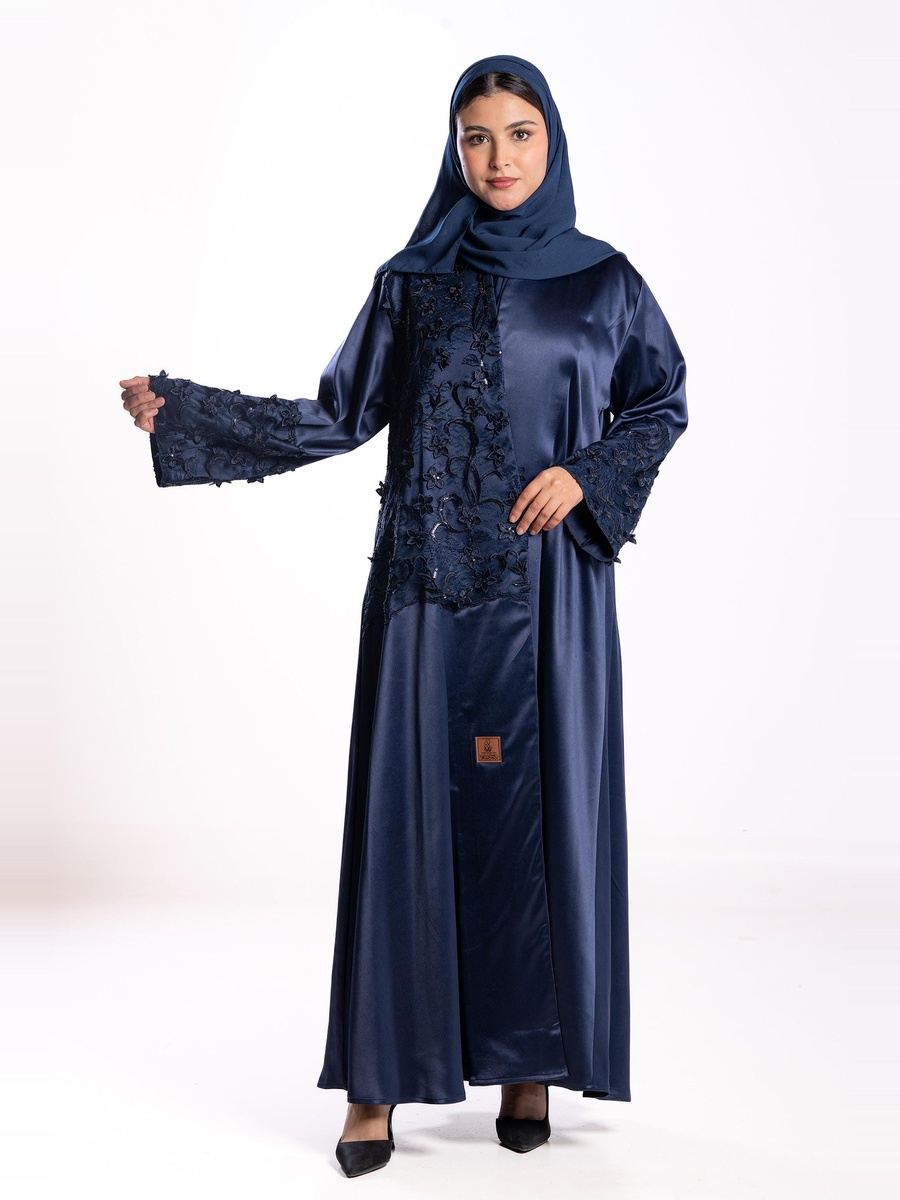 Navy Blue Embroidered A-Line Abaya