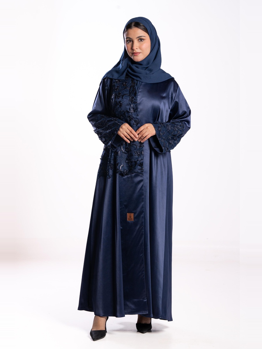 Navy Blue Embroidered A-Line Abaya