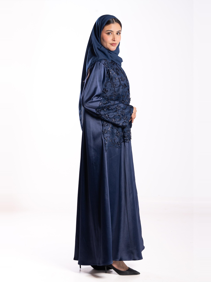 Navy Blue Embroidered A-Line Abaya