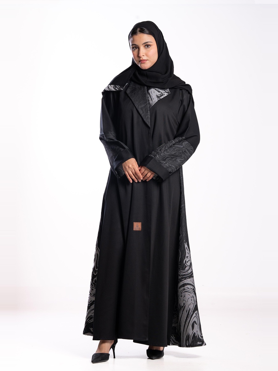 Black Contrast Jacquard Detail A-Line Abaya
