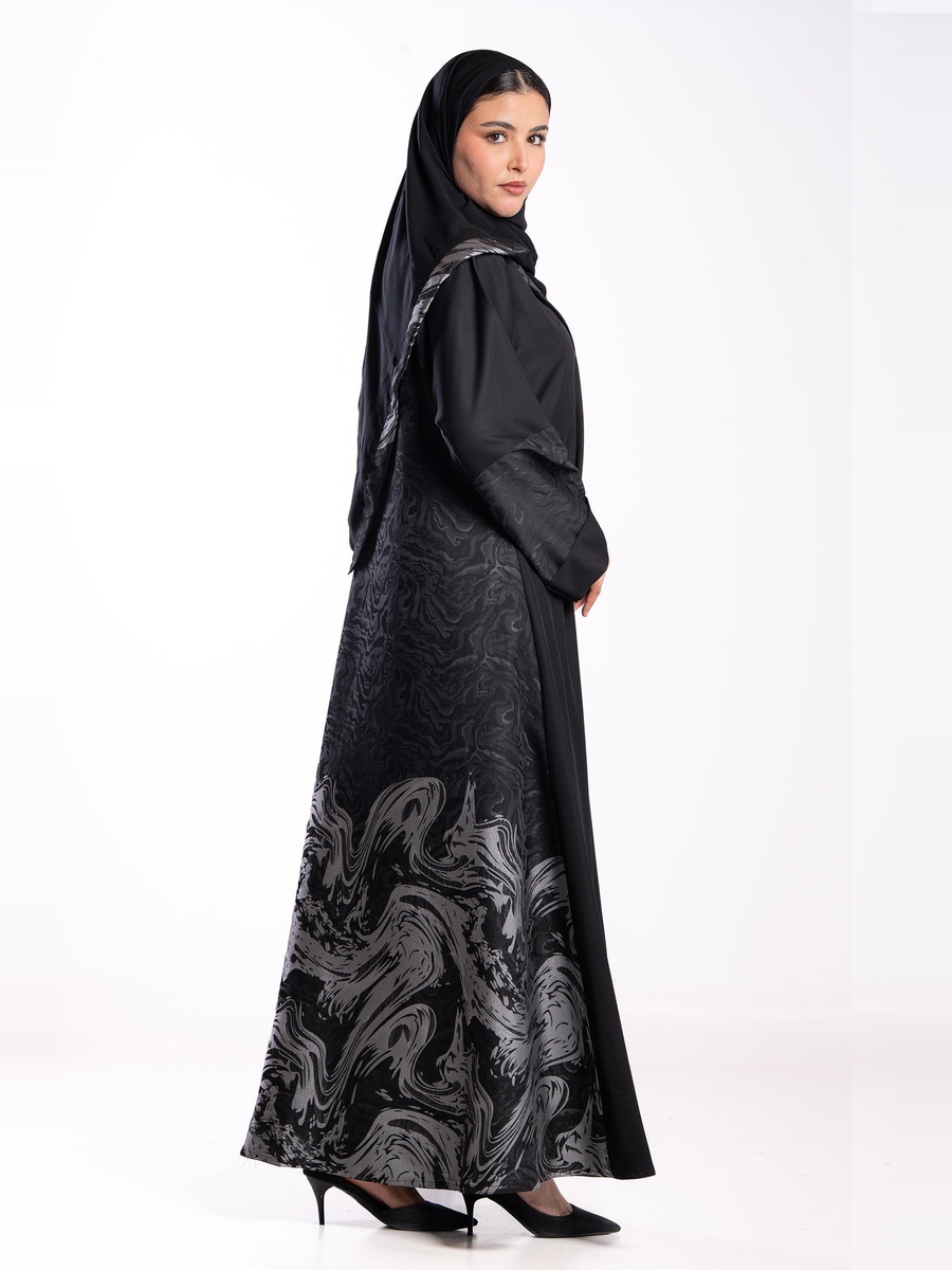 Black Contrast Jacquard Detail A-Line Abaya