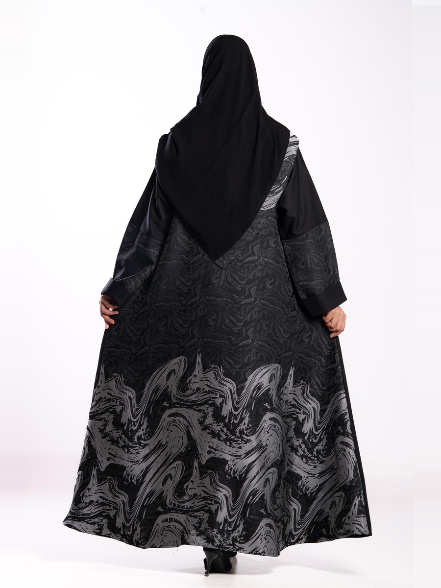 Black Contrast Jacquard Detail A-Line Abaya