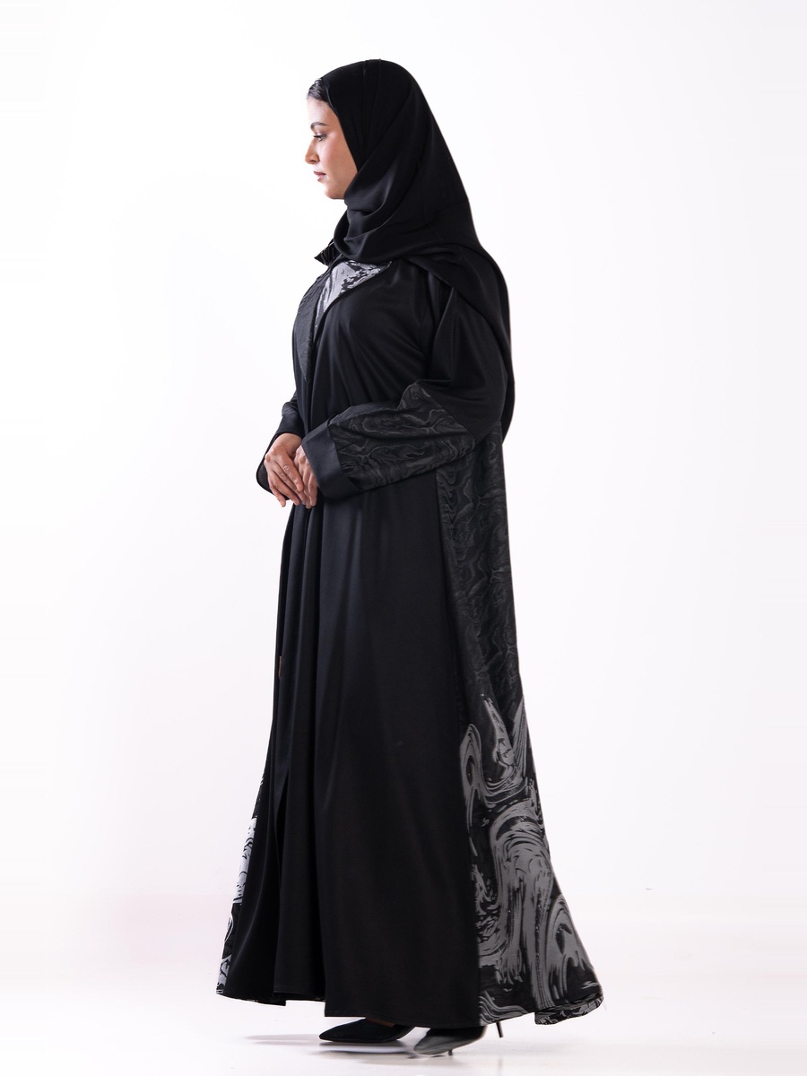 Black Contrast Jacquard Detail A-Line Abaya