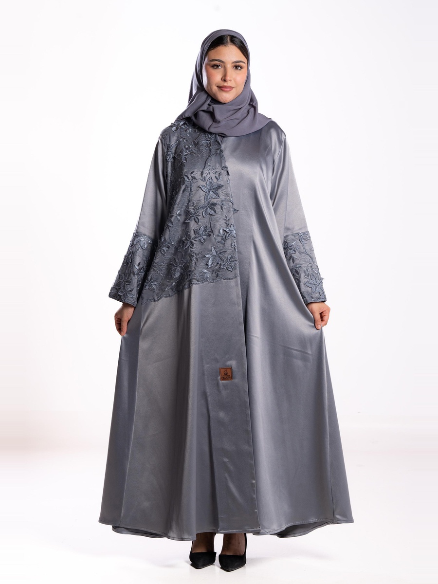 Grey Embroidered A-Line Abaya