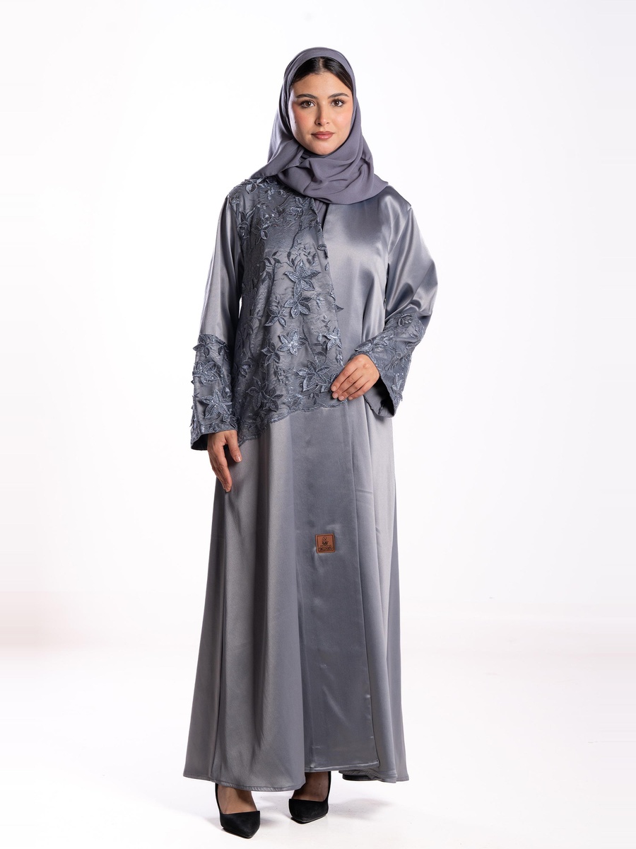 Grey Embroidered A-Line Abaya
