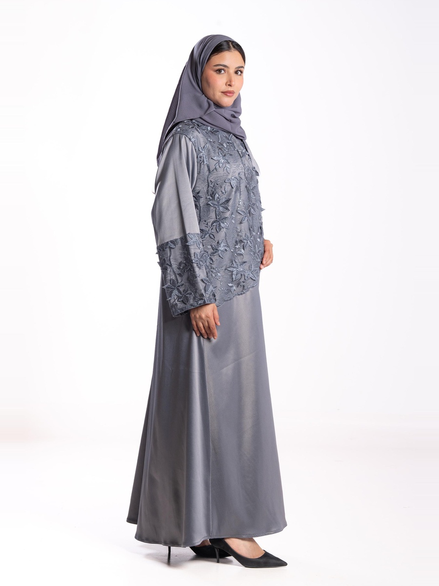 Grey Embroidered A-Line Abaya