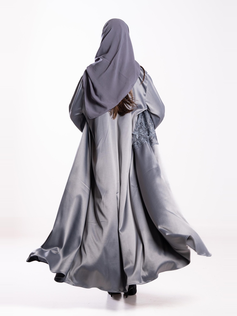 Grey Embroidered A-Line Abaya