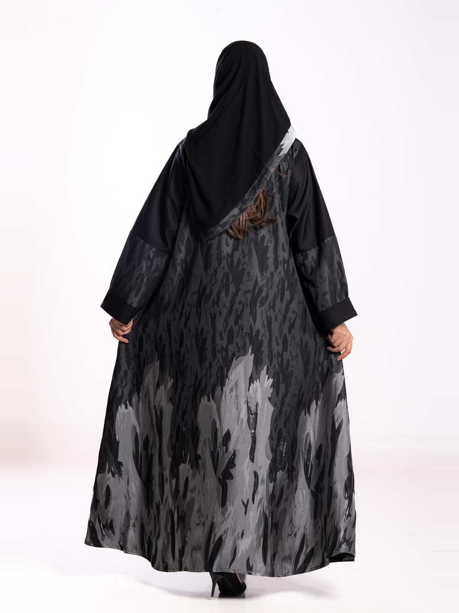 Black Naheds Jacquard Notch Lapel Abaya