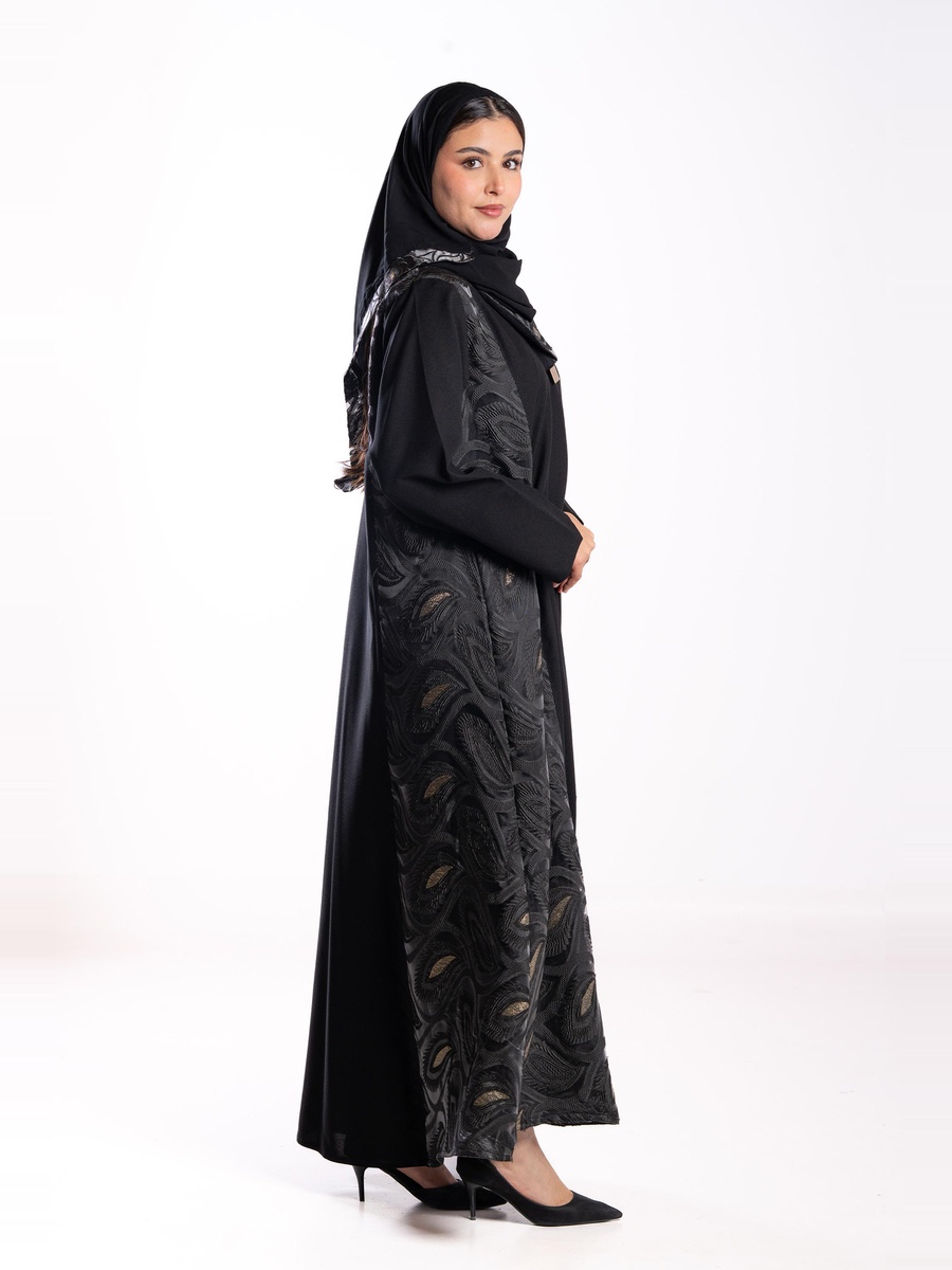 Black Organza Embroidered A-Line Abaya