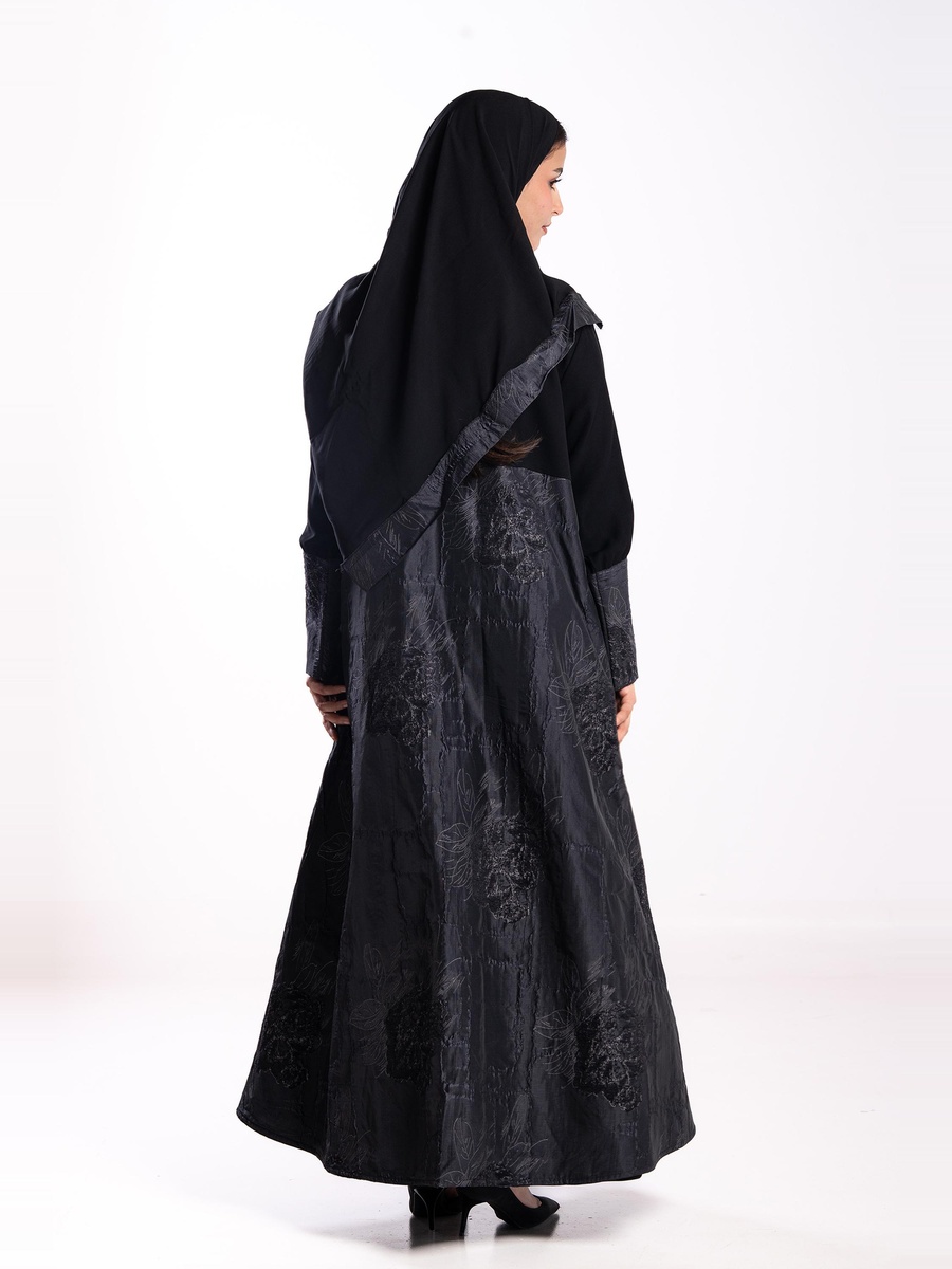 Black Contrast Jacquard Embroidered Abaya