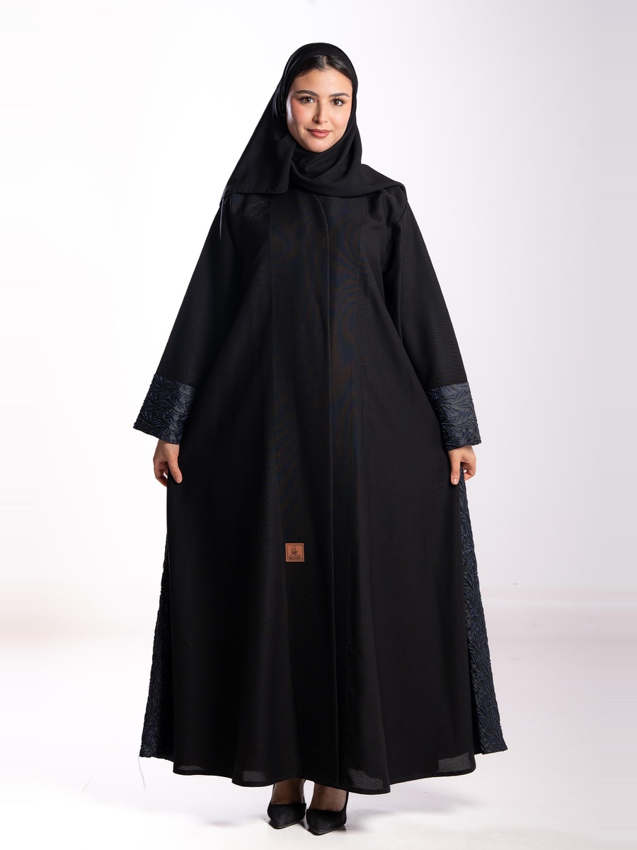 Black Jacquard Trim Open Front Abaya