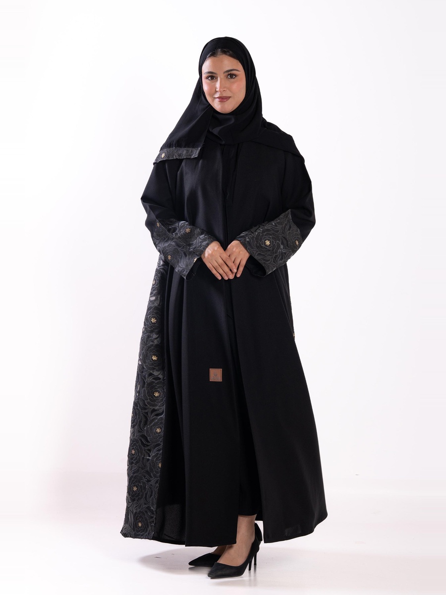 Black Contrast Jacquard Embroidered Abaya
