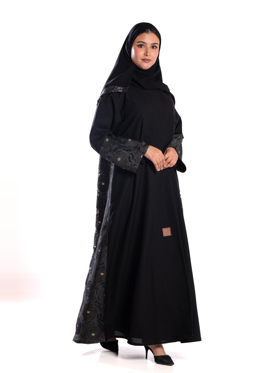 Black Contrast Jacquard Embroidered Abaya