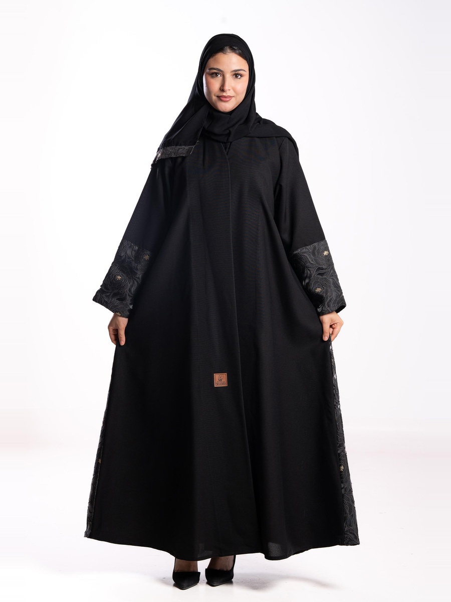 Black Contrast Jacquard Embroidered Abaya