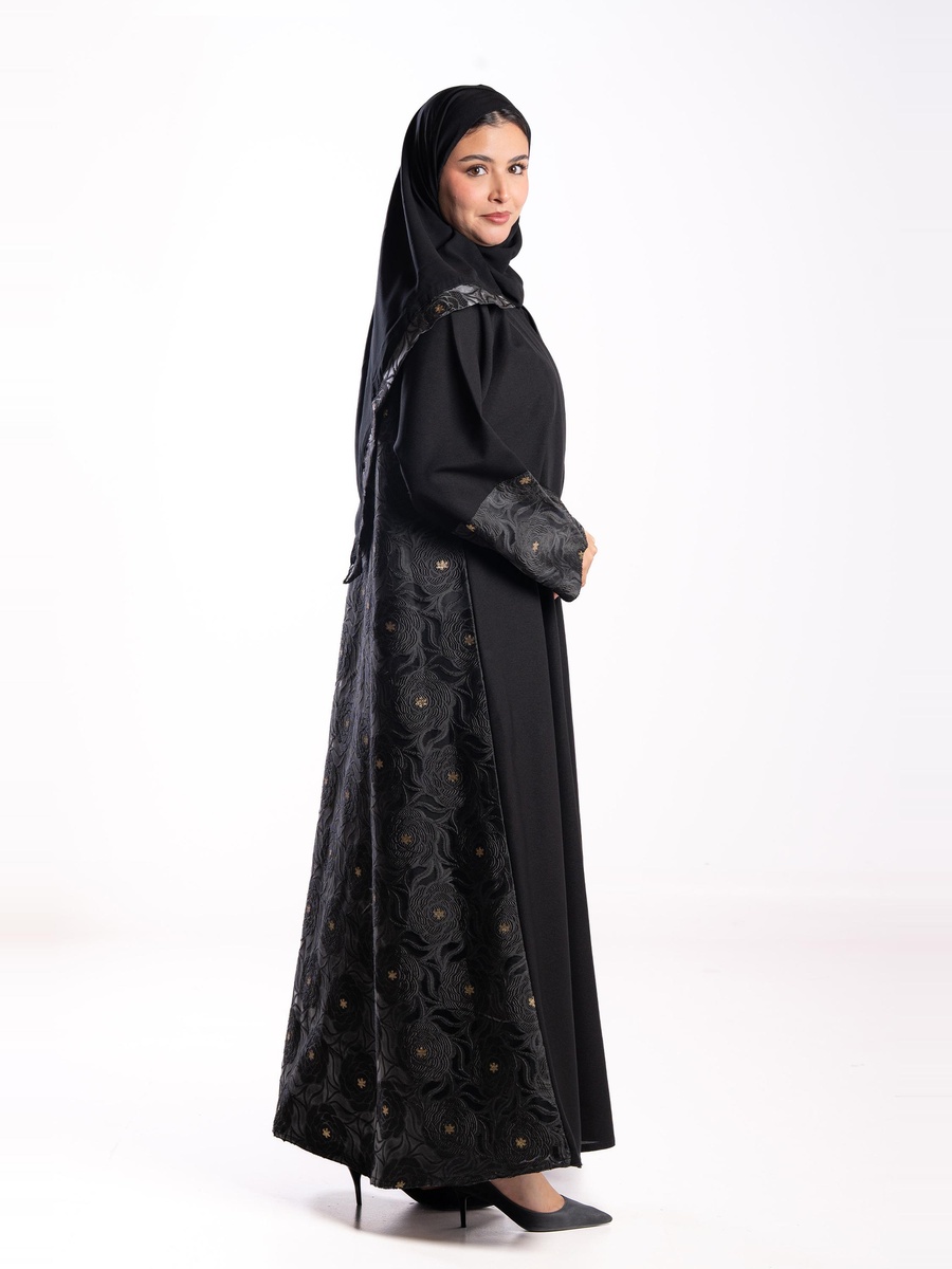 Black Contrast Jacquard Embroidered Abaya
