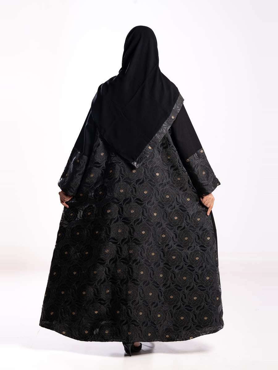 Black Contrast Jacquard Embroidered Abaya