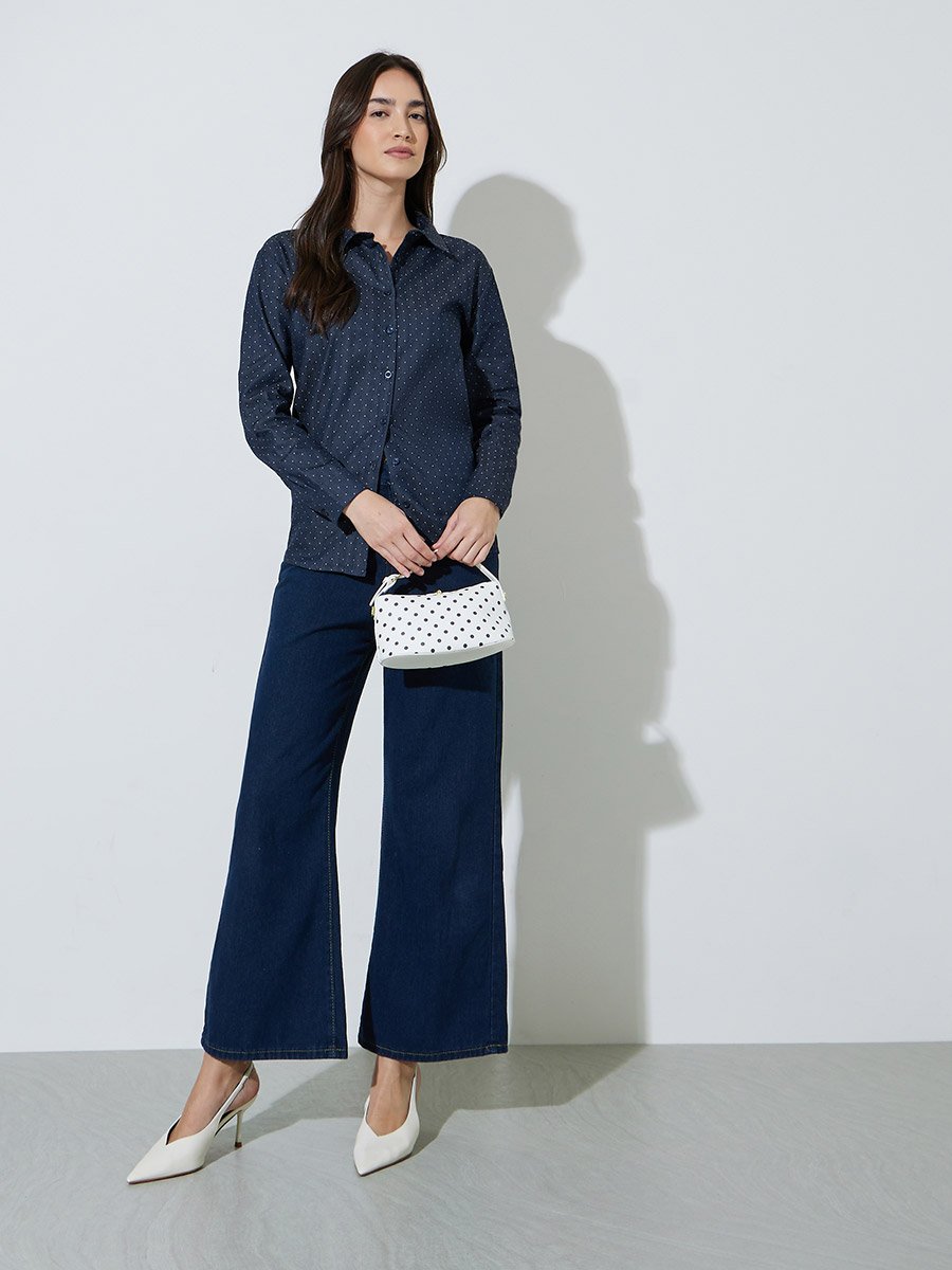 Dark Blue Striped Regular Fit Cotton Shirt