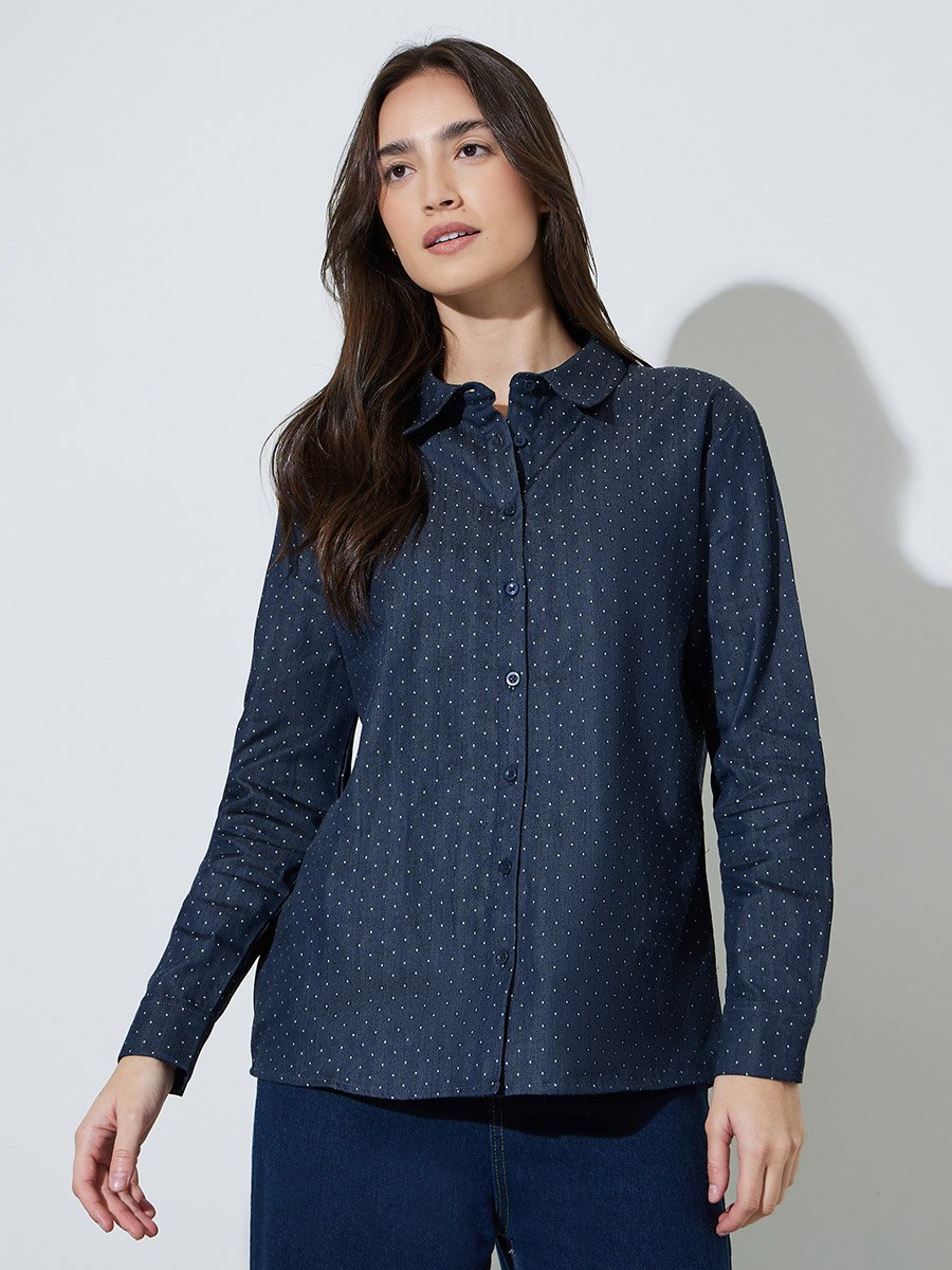 Dark Blue Striped Regular Fit Cotton Shirt
