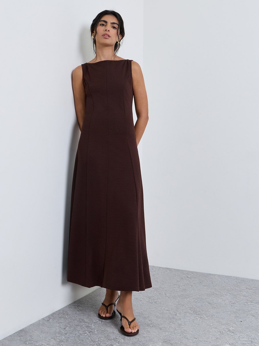 Brown Boat Neck A-Line Maxi Dress