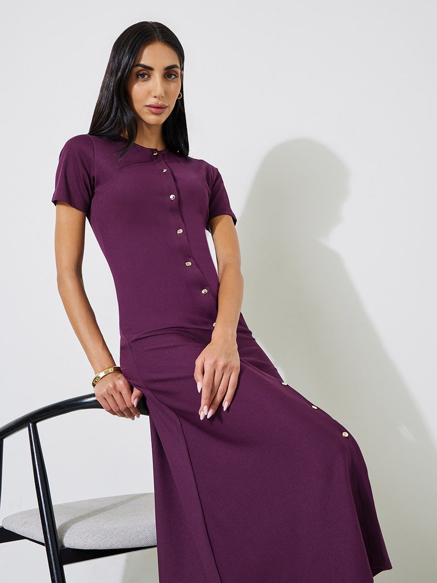 Burgundy Solid Button Details Short Sleeves A-Line Midi Dress