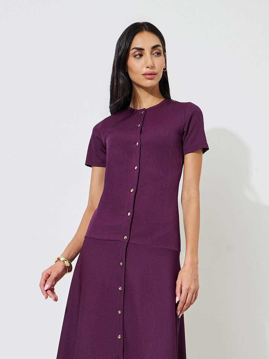 Burgundy Solid Button Details Short Sleeves A-Line Midi Dress