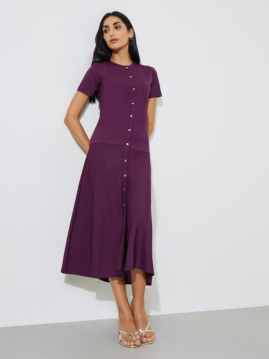 Burgundy Solid Button Details Short Sleeves A-Line Midi Dress