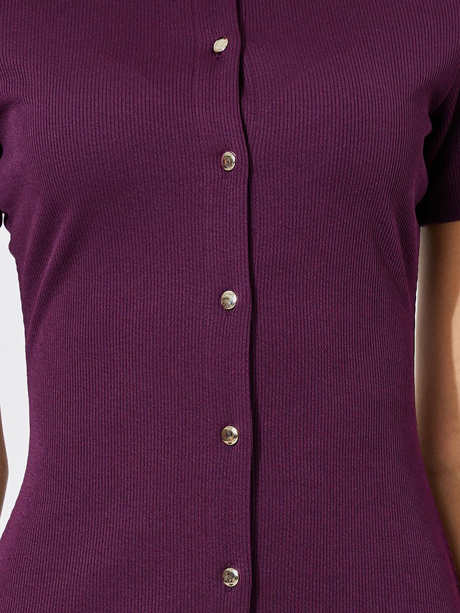 Burgundy Solid Button Details Short Sleeves A-Line Midi Dress