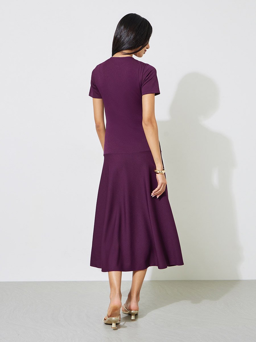 Burgundy Solid Button Details Short Sleeves A-Line Midi Dress